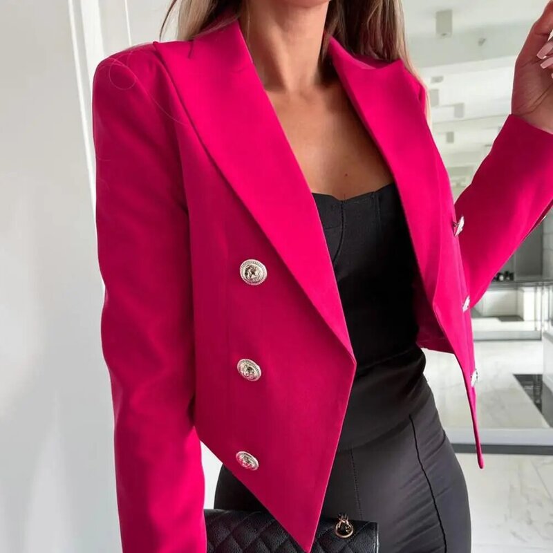 Cropped Blazer Long Sleeve Solid Color Loose Fit Women Blazer Double-breasted Placket Lapel Short Suit Jacket Outerwear