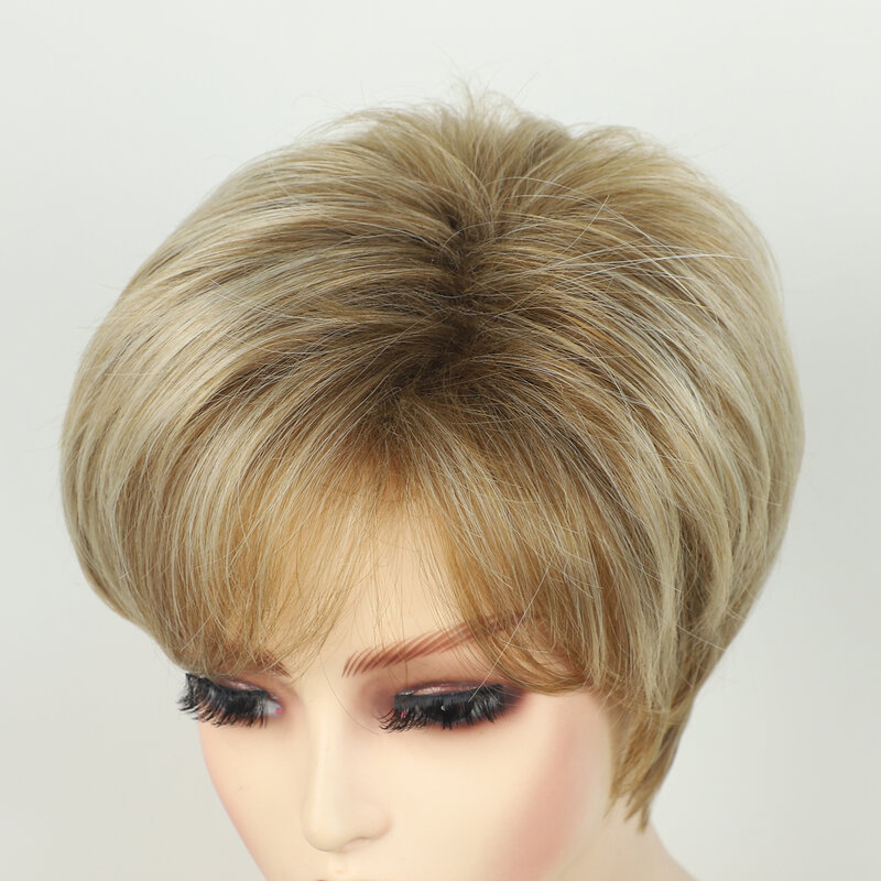 Wig pendek mode wanita dengan poni pirang Ombre sintetis Pixie gaya rambut potongan wig pesta harian ibu untuk wanita