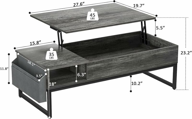 Aheaplus meja kopi angkat atas dengan penyimpanan, atas pengangkat kayu meja tengah bingkai logam, Meja 43.3 "dengan kantong samping untuk Cocktai