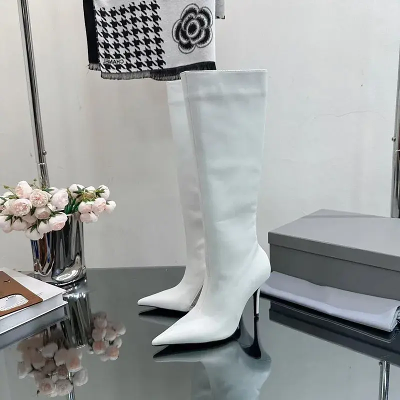 Thin Heels Black White Boots Pointed Toe moderm High Quality Popular Genuine Leather Street Style ZIp Fahion Concise Comfort