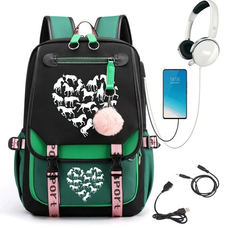 حقيبة مدرسية أنيمي على شكل قلب حصان للفتيات ، حقيبة ظهر للطلاب كبيرة ، حقائب كتب USB ، حقائب كرتون ، طالب في المدرسة الثانوية