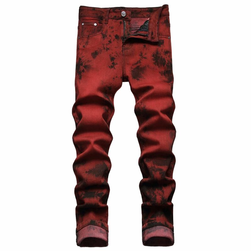 Nowe męskie jeansy rekreacyjne moda sportowa męskie jeansy rekreacyjne proste spodnie rozciągliwe zamek cztery pory roku czerwone szczupłe luźne spodnie męskie