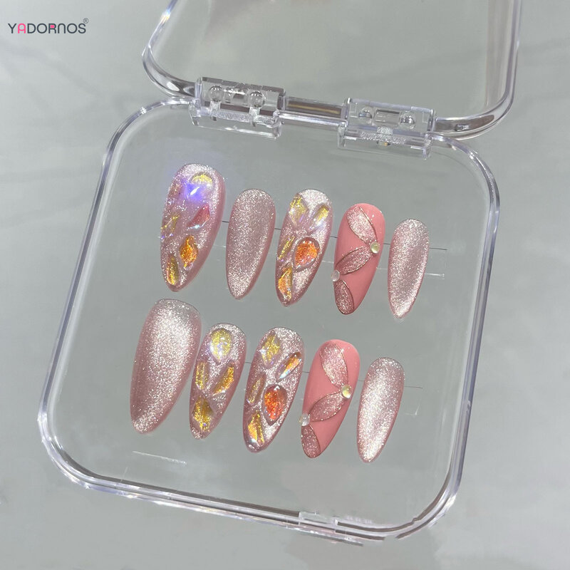10Pcs Pink Cat's Eyes Fake Nails Glitter Wearable Press on Nails Almond Ballerina False Nails Tips for Women DIY Manicure
