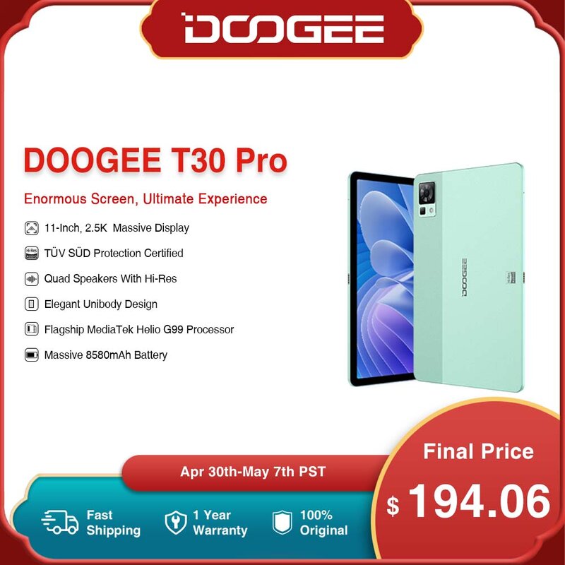 DOOGEE T30 프로 태블릿, MediaTek Helio G99, 11 인치, 2.5K TUV 인증, 8GB + 256GB, 8580mAh, 20MP 메인 카메라, 안드로이드 13, 월드 프리미어