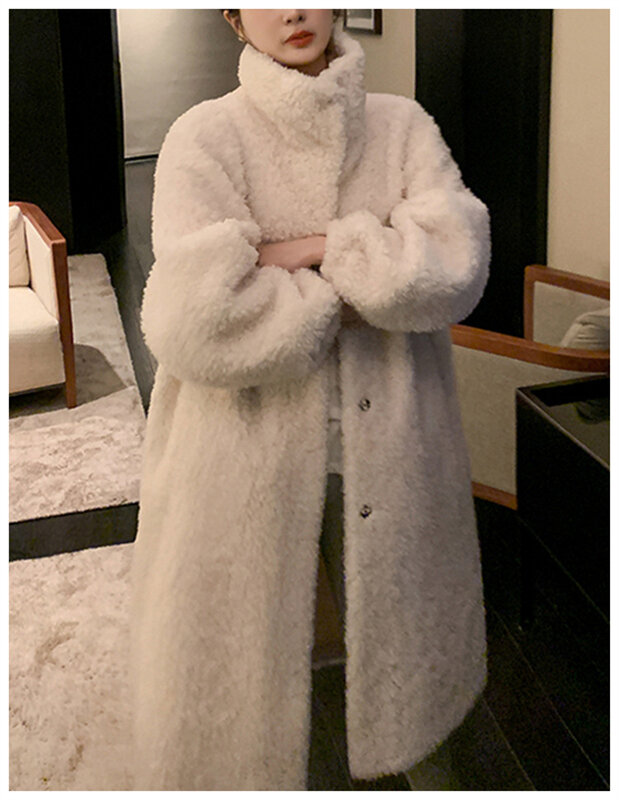 Manteau long en laine véritable pour femme, manteau en fourrure d'agneau, 1 pièce, mode d'hiver, mouton cisaillé, sourire, nouveau, 2023
