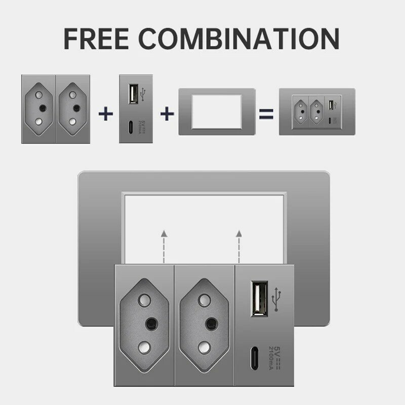 PSSRISE 118mm Brazil standard home wall light switch socket DC 5V 2.1A USB Type-c charger 20A PC panel Computer TV phone socket