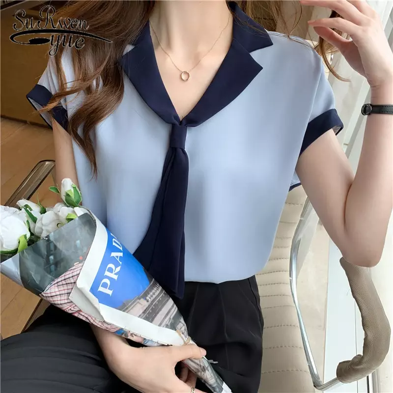Blus Musim Panas Lengan Pendek Mode Baru Atasan Wanita Kemeja Wanita Elegan Leher V Kantor dengan Blus Pakaian Sifon Pita 15072