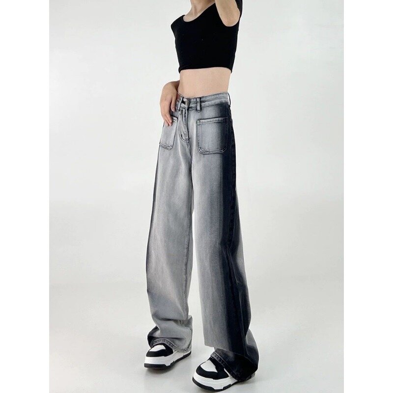 QWEEK-Calças jeans grandes para mulheres, calças largas vintage, streetwear estético emendado, moda coreana, Harajuku, Y2k, primavera