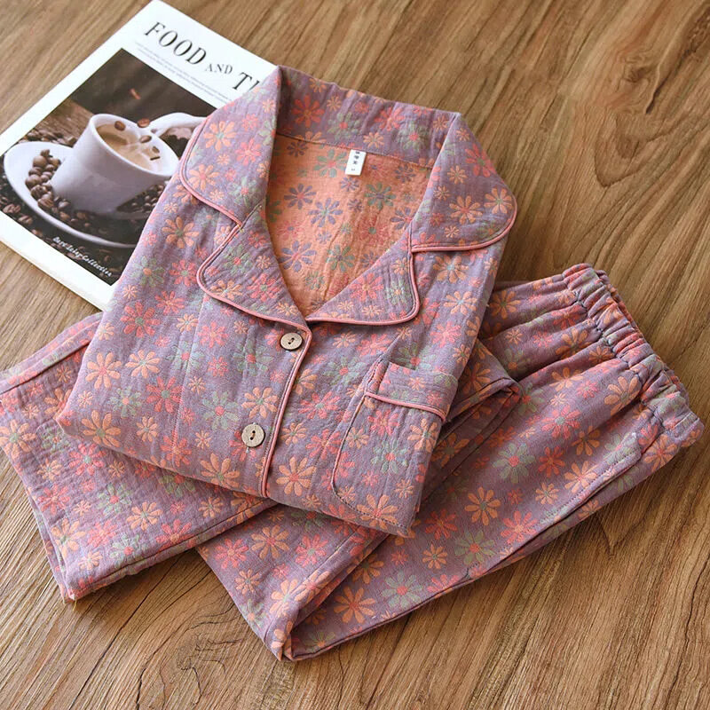 Barwiona przędzą bawełnianą piżama retro krepa damska podwójna bawełniana gaza odzież codzienna nowa wiosna jesień damski top spodnie zestawy dwuczęściowe