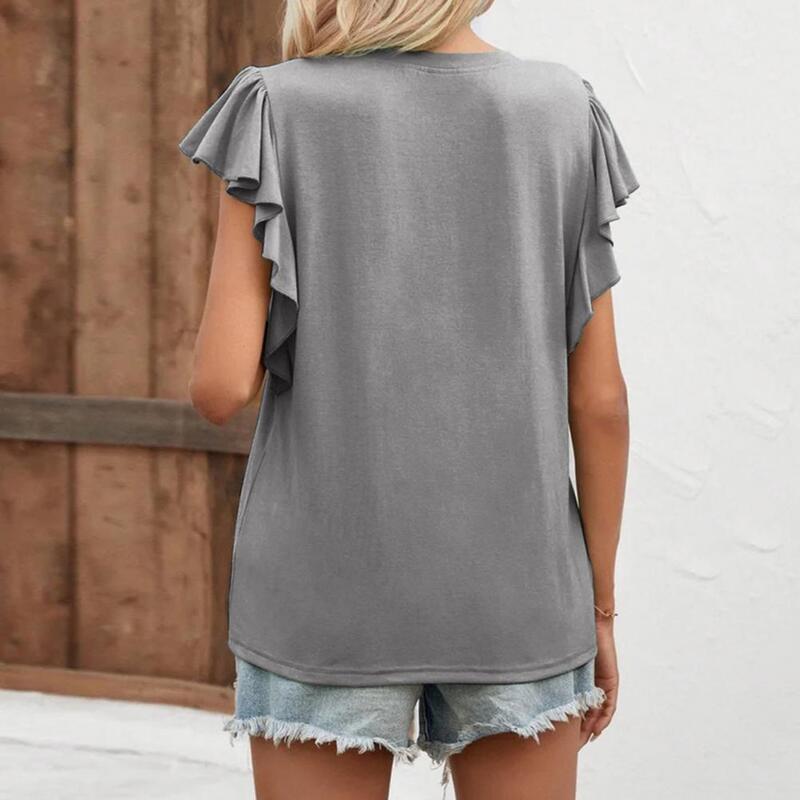 Women Ruffle Sleeve Top Summer T-shirt V-Neck Buttons Half Placket Tops Pullover Tops Soft Stretchy Loose T-shirt Streetwear