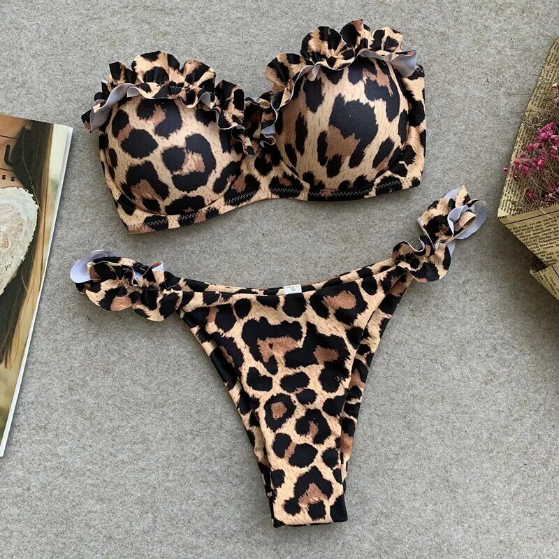 Maillot de bain sans bretelles, imprimé léopard, ensemble deux pièces, soutien-gorge push up, pour femmes, vêtements d'été, tendance 2023
