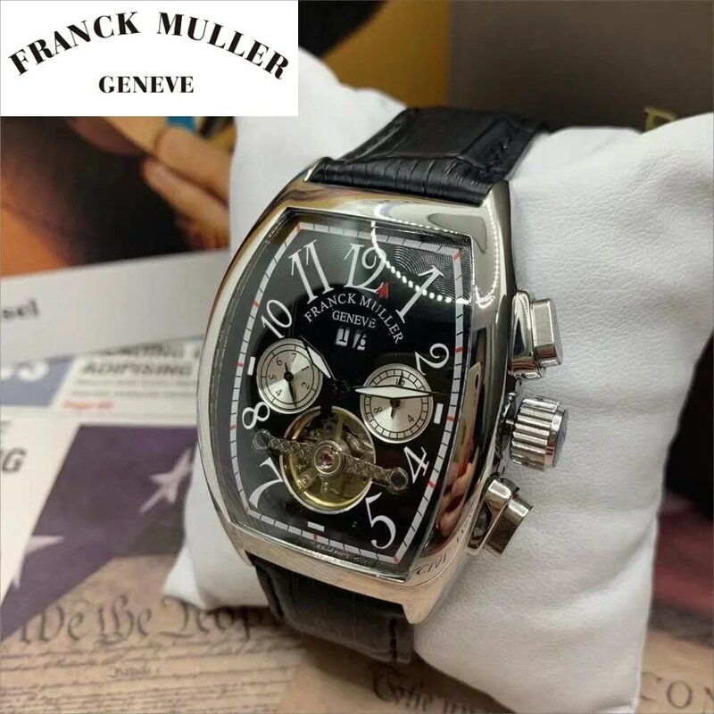 Franck muller homem relógio tonneau relógio automático com frete grátis à prova dwaterproof água presente de luxo relógio mecânico para homem couro