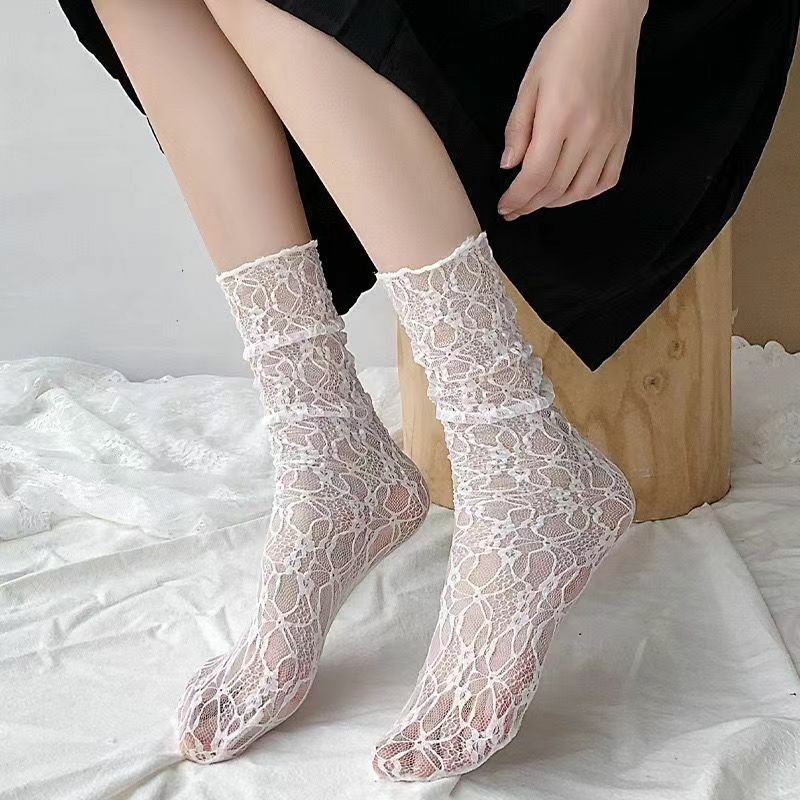 Calcetines de encaje Sexy para mujer, medias de malla largas blancas japonesas, calcetines con patrón de flores de dibujos animados, accesorios para mujeres embarazadas, Lolita, Verano