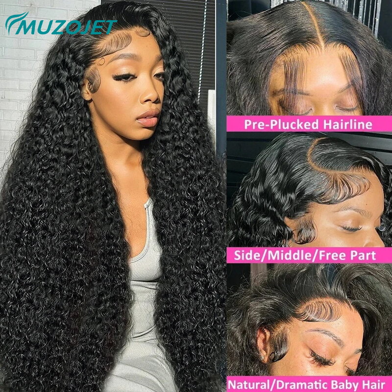 Peluca de cabello humano rizado de onda profunda para mujeres negras, pelo Remy brasileño 180% con encaje Frontal transparente, 13x4 HD, precortado