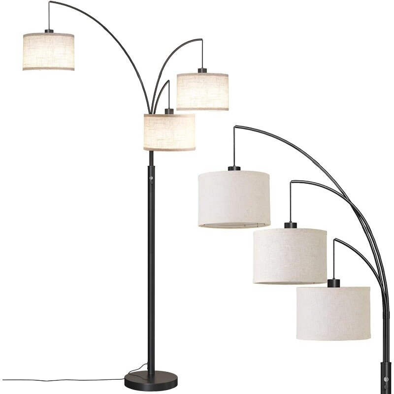 Alto pé lâmpada do assoalho com suspensão tambor sombra, moderno arco lâmpadas de assoalho com base pesada, sala, 3 luzes, 78"