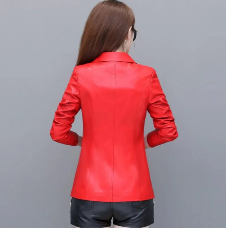 Jaqueta de couro genuíno feminina, casaco de pele de carneiro fino, jaquetas reais para senhoras, blazer casual preto e vermelho, moda coreana, primavera