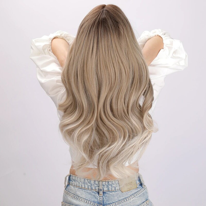Smilco Omber Blonde Synthetic Curly Wig For Women Middle Part Long Wave Hair Daily Cosplay Party Natural Heat Resistant Wigs