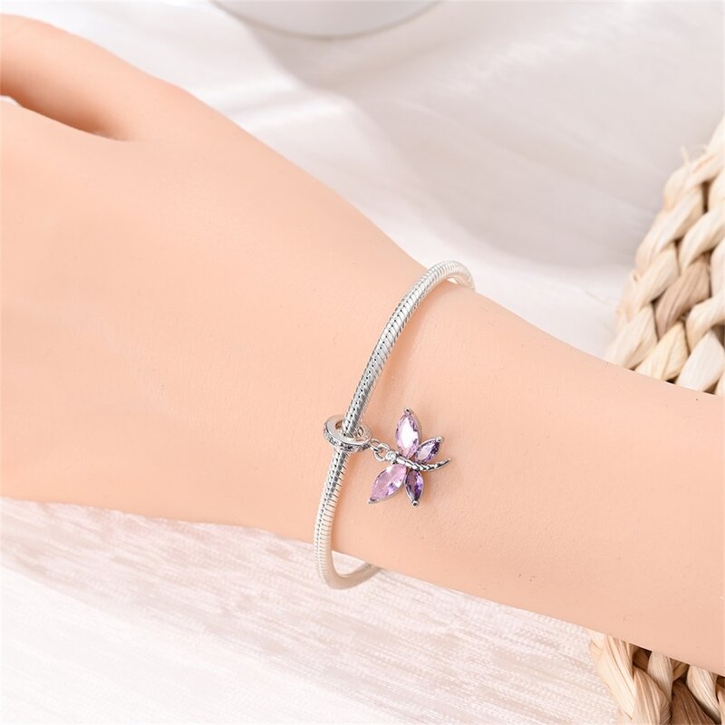 Breloque libellule double violet en argent regardé 925 pour femme, convient au bracelet Pandora, accessoires de bijoux à bricoler soi-même, date de printemps