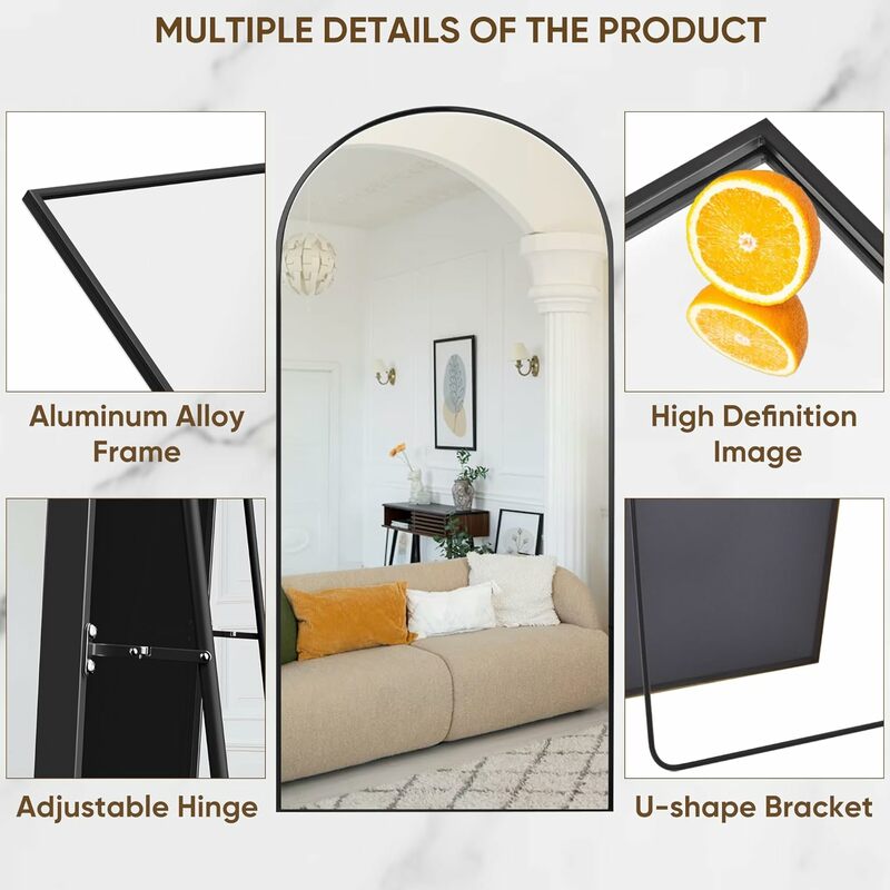 Comprimento total Arched Floor Standing Espelho, vidro Shatterproof, suporte ajustável, quarto e uso do armário, design elegante