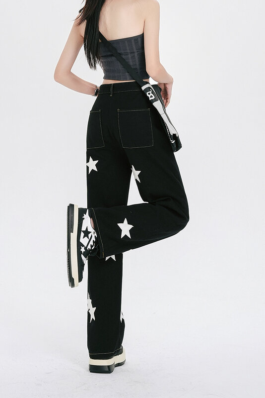 Women's Harajuku Aesthetic  Retro Denim Trousers  Wide Jean Pants High Street Instagram Style Black starry Wide Legged Jeans