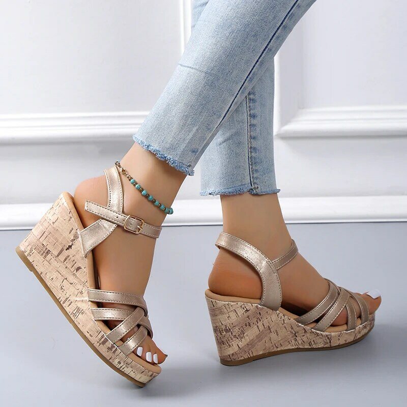 Ankle Strap Wedge Heel Sandals for Women 2024 Cross Strappy Thick Platform Sandalias Woman Summer Buckle Gladiator Shoes Ladies
