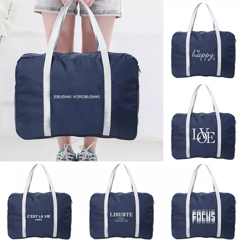 Grande Capacidade Foldable Travel Bag, Duffle Bolsas, Carry Bags, Bolsas, Organizadores de bagagem, armazenamento de roupas, Text Series