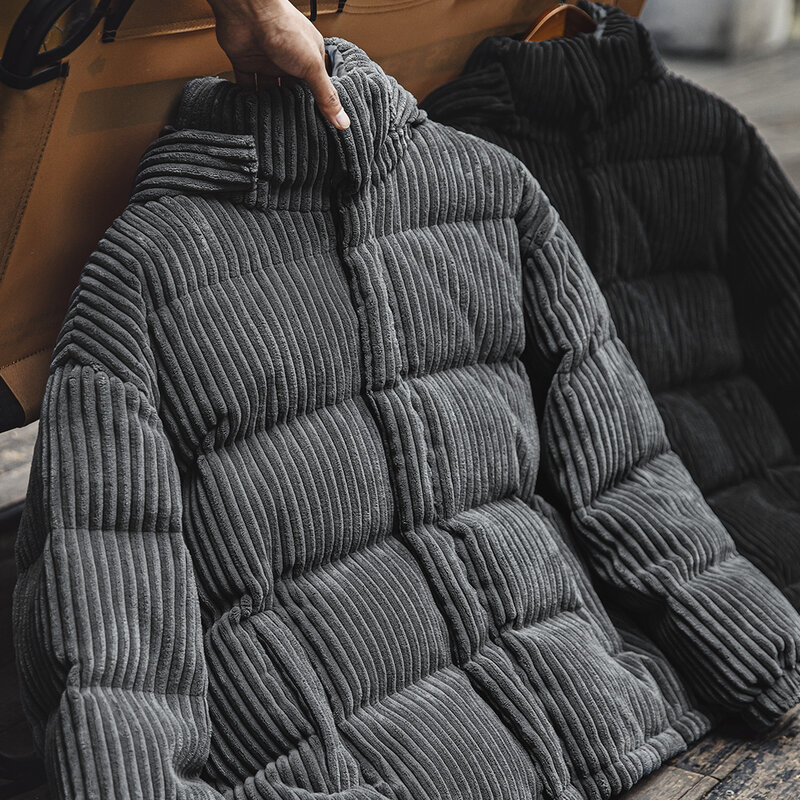 Maden Men's Corduroy Down Jacket Warm Striped Hooded Puffer Coat 2023 Winter Vintage Padded Jackets Detachable Collar Black