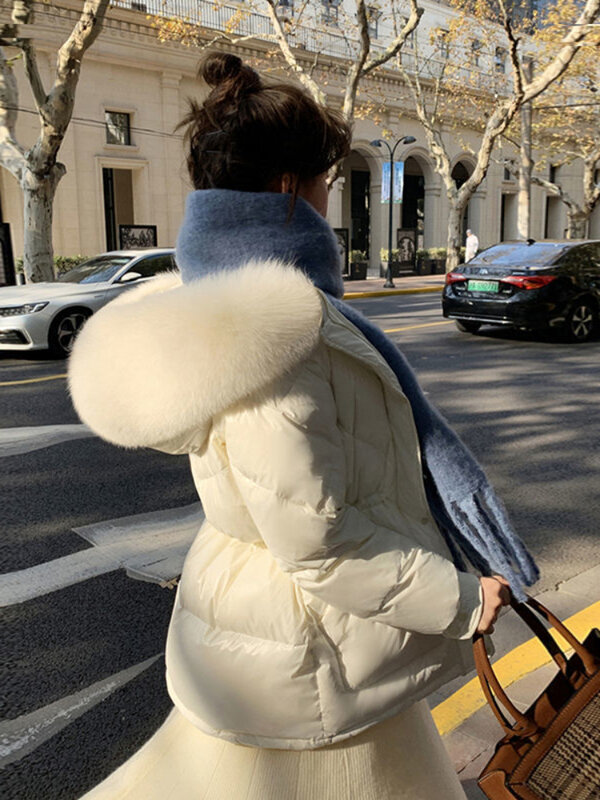2023 kurtka zimowa damskie puchowe płaszcze z kołnierz z prawdziwego futra lisów modą koreański biały kaczy puch ciepłe jednolita odzież wierzchnia