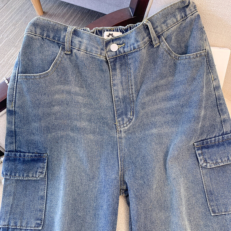 Plus size damska jesienna casualowe spodnie jeansowe niebieska tkanina sprane dżinsy z wieloma kieszeniami spodnie cargo luźne i wygodne dojazdy do pracy