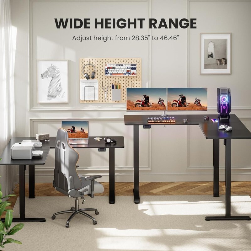 L-Shaped Electric Standing Desk, 63 inches Double Motor Height Adjustable Sit Stand up Corner Desk, Large Home Office Desk