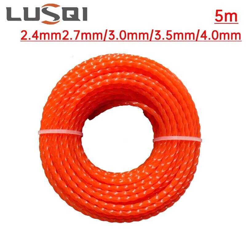 LUSQI-Nylon Grass Trimmer Line, Corda Espiral Cortador de Escova, Cortador de Grama, Acessório Principal, 5m x 2.4mm, 2.7mm, 3mm, 3.5mm, 4mm
