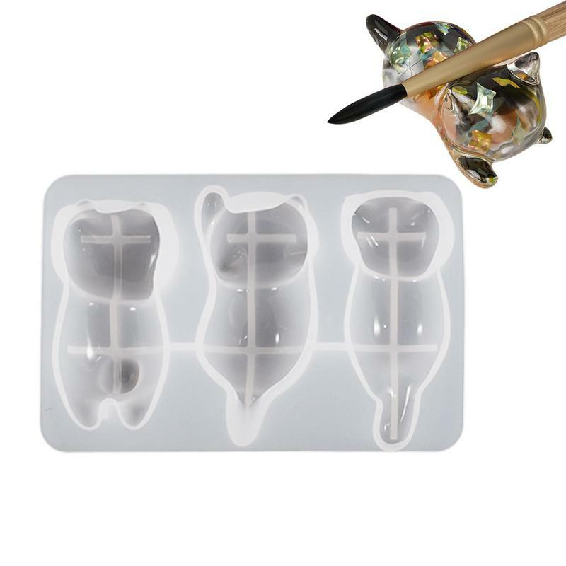 Cetakan Resin kucing 3 lubang cetakan pena cetakan belakang kucing epoksi Resin cetakan lempar untuk DIY tempat pena sandaran sikat sumpit