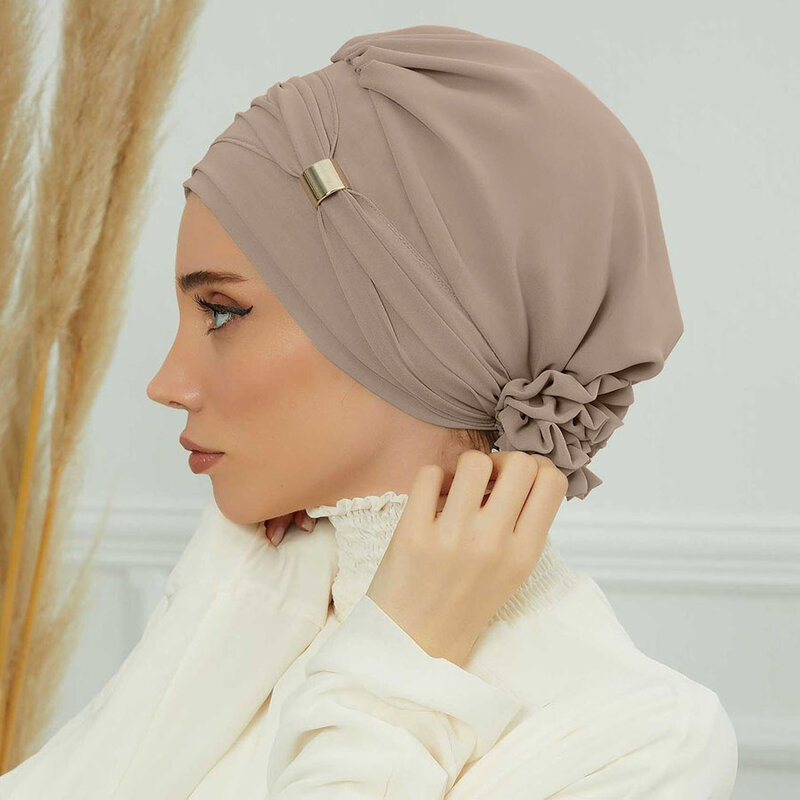 หมวกฮิญาบสำหรับผู้หญิงสีพื้นมุสลิมผ้าโพกศีรษะทันทีหมวกคลุมผ้าโพกหัวอิสลามแฟชั่น
