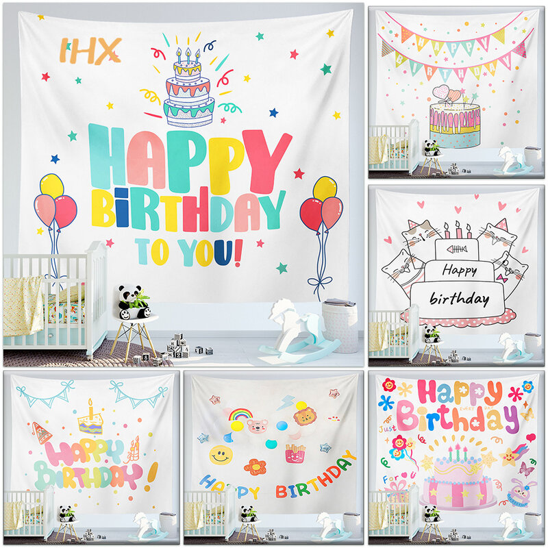 Gelukkige Verjaardag Achtergrond Wandtapijt Doek Kawaii Kinderkamer Wanddecoratie Meisjes Slaapzaal Cartoons Dormit Home Party Decor