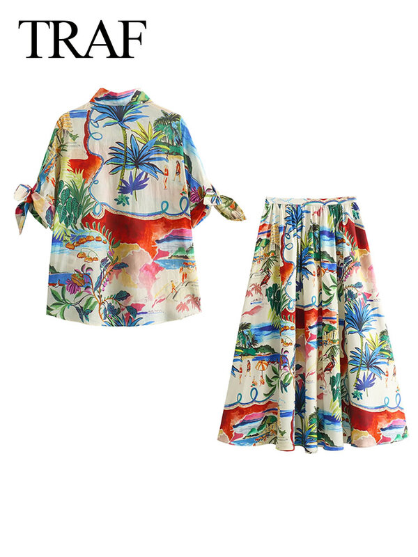 TRAF 2024 Women Summer Casual Print 2 Pieces Skirt Set Pockets Lapel Single-Breasted Shirt Top+Slim Pleated Zipper Pocket Skirt