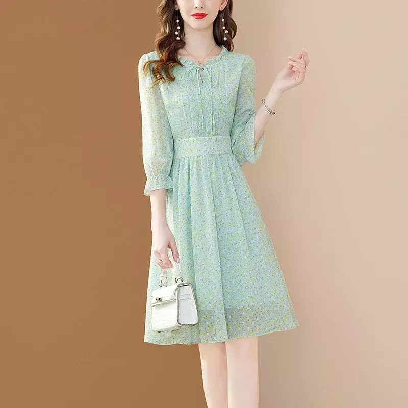 2024 New Spring and Summer Fashion Elegant Women's Dress Seven-point Sleeve Thin with Temperament Long Chiffon Skirt dress
