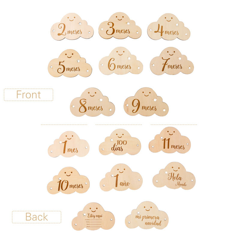 Alfabeto spagnolo bambino pietra miliare in legno numero mese carte commemorative articoli a forma di nuvola carina accessori per fotografia neonato puntelli