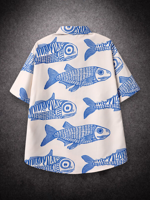 오버사이즈 아메리칸 스타일 캐주얼 셔츠 남성용, 튀김 스트리트 패션 작은 물고기 프린트 새로운 개인 맞춤 2022 여름