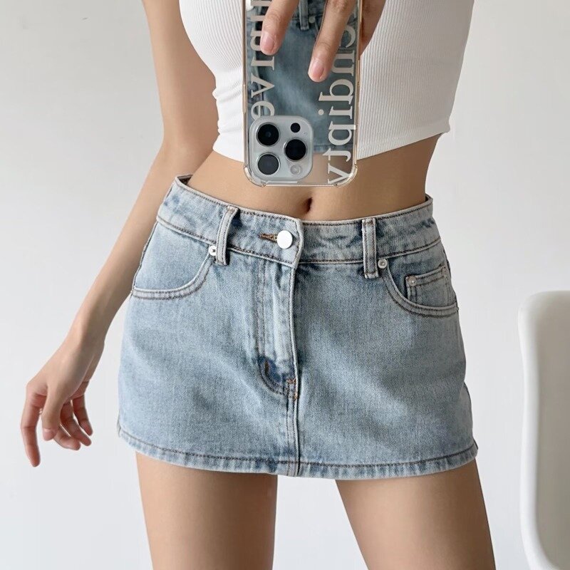 HOUZHOU Y2k rok Mini Denim untuk wanita, Rok jins mikro ramping Vintage pinggang rendah seksi 2024 musim panas gaya Korea