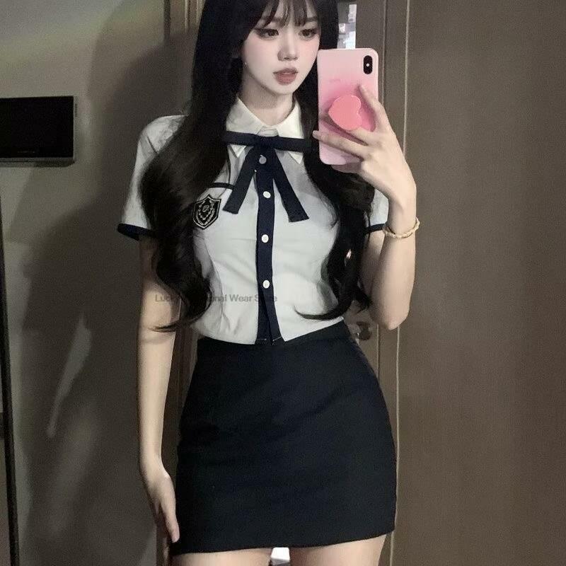 Frauen Korea Uniform Stil JK Set koreanische Uniform Stil Taille gewickelt Hemd Weste Falten rock Grill Mode Collge Stil JK Set