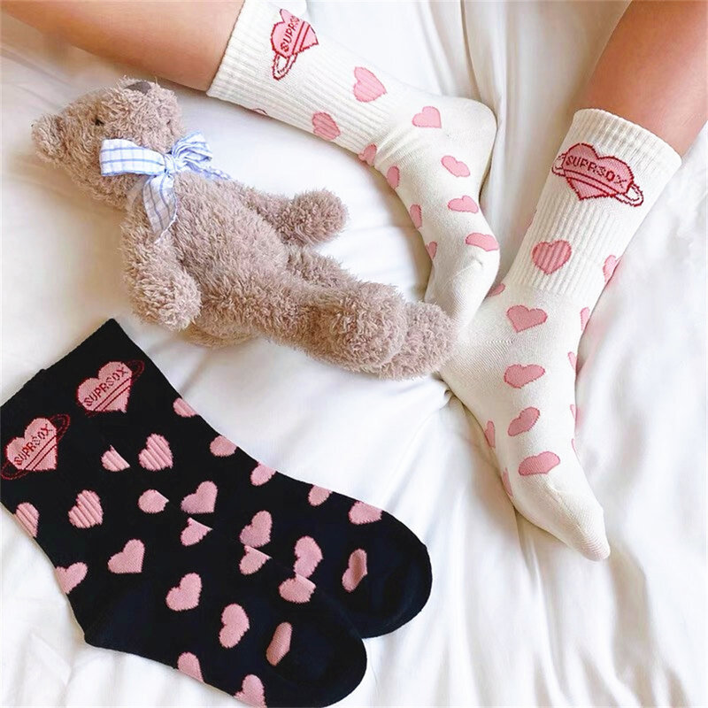 Lolita Socks JK Girls Tube Mid-calf Socks Pink Love Heart Japanese Korean Cute Student White Black Jk Socks Long Cotton Socks