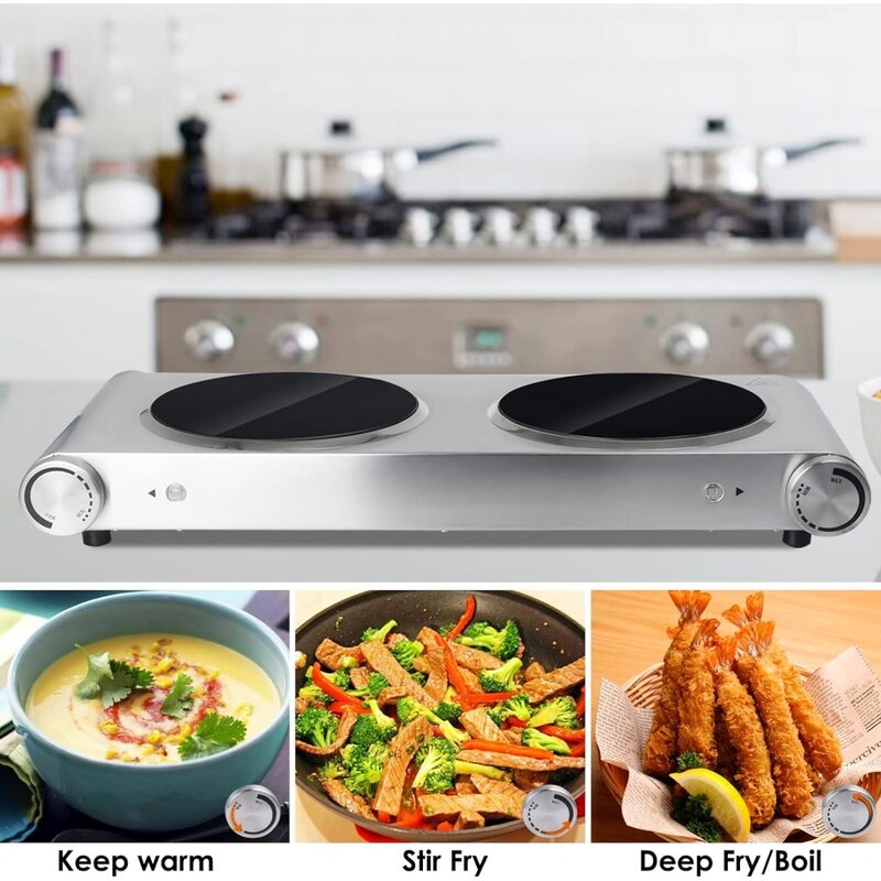 Table de cuisson infrarouge 1800W 7.5 pouces 2 brûleurs pour toutes les ustensiles de cuisine pour la maison/montres/camp (argent, 900W + 900W) (double Eva)