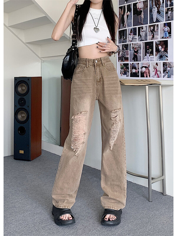 Женские рваные джинсы, мешковатые джинсы в стиле Харадзюку, уличная одежда, джинсовые брюки в Корейском стиле, Y2k, винтажные джинсовые брюки, одежда в стиле 1920-х, 2000