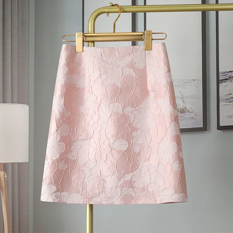 Женская Жаккардовая юбка, розовая трапециевидная мини-юбка с высокой талией, лето 2022
