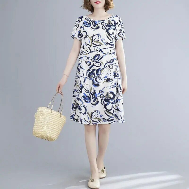 Fashion O-Neck Printing All-match Folds Short Sleeve Dress Women's Clothing 2024 Summer New Loose Office Lady Floral Dress