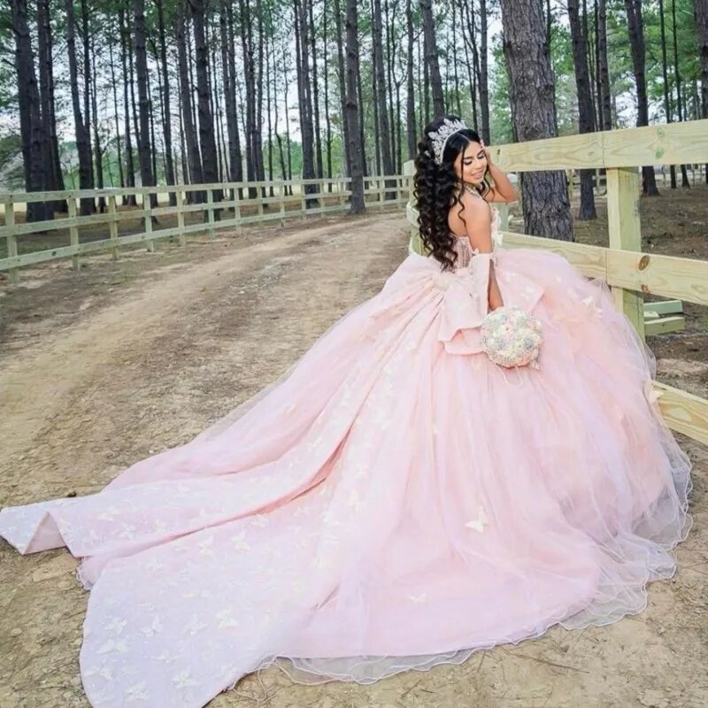 Vestido de baile princesa Quinceanera, Apliques de tule rosa, ombro, 16 vestidos doces, 15 anos, mexicano