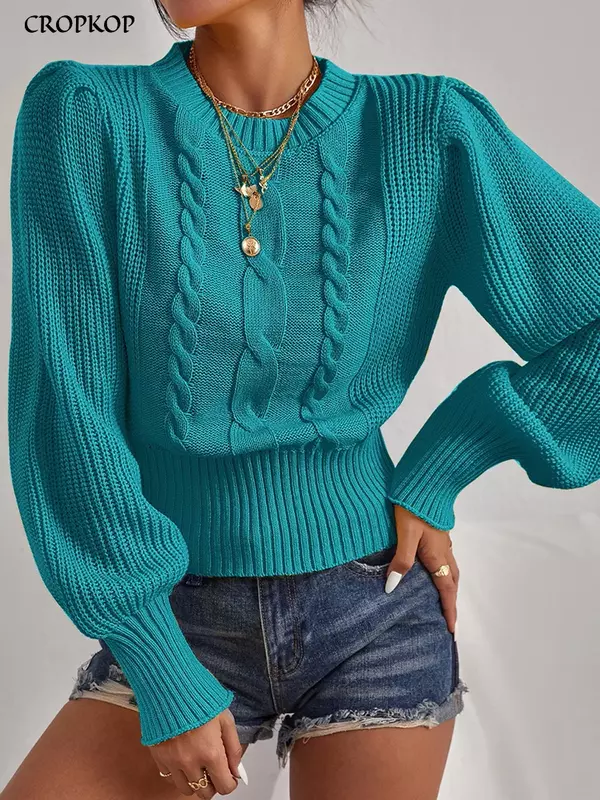 Fashion Sweater rajut wanita, musim gugur musim dingin lengan panjang Puff atasan dasar putaran hitam kasual wanita 2023