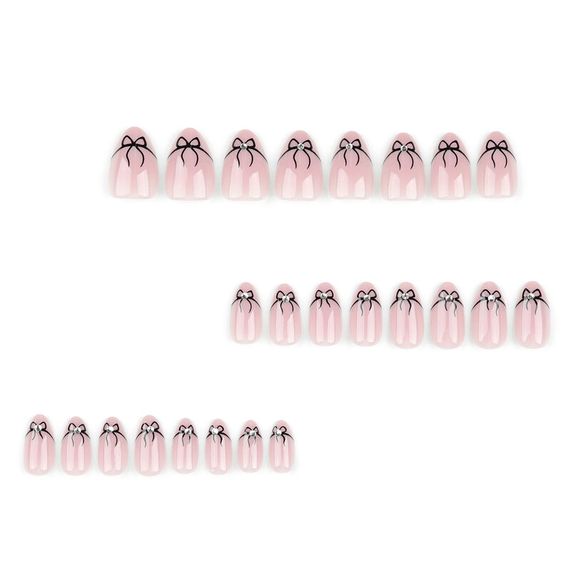 Ins süße rosa falsche Nägel schwarzer Bogen Design Mandel gefälschte Nagel Patch für Mädchen Dame tragbare neue einfache Presse auf Nagel versand kostenfrei