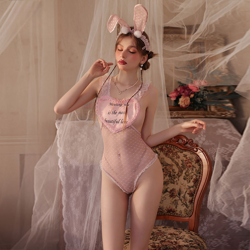 بدلة جسم شفافة من الدانتيل الوردي للنساء ، تأثيري فتاة الأرنب ، فتحة المنشعب ، شبكة ، انظر من خلال ، غريبة ، بدون مشبك ، أنيمي