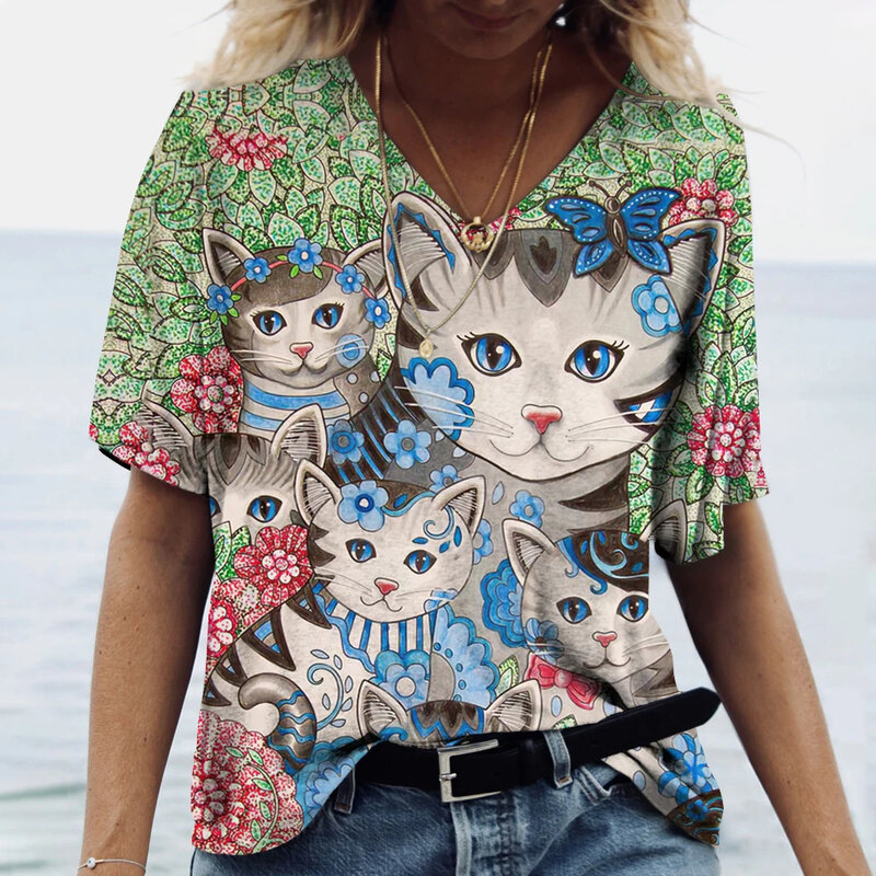 3D 프린트 고양이 그래픽 여성 티셔츠, 귀여운 여성 의류, 루즈 브이넥 반팔 상의, 캐주얼 패션 티셔츠, 여름 신상